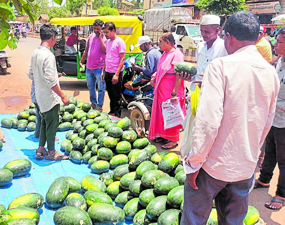 <div class="paragraphs"><p>ಬಾದಾಮಿ ರಸ್ತೆಬದಿಯಲ್ಲಿ ಭಾನುವಾರ ಗ್ರಾಹಕರು ಕಲ್ಲಂಗಡಿ ಖರೀದಿಸಿದರು</p></div>