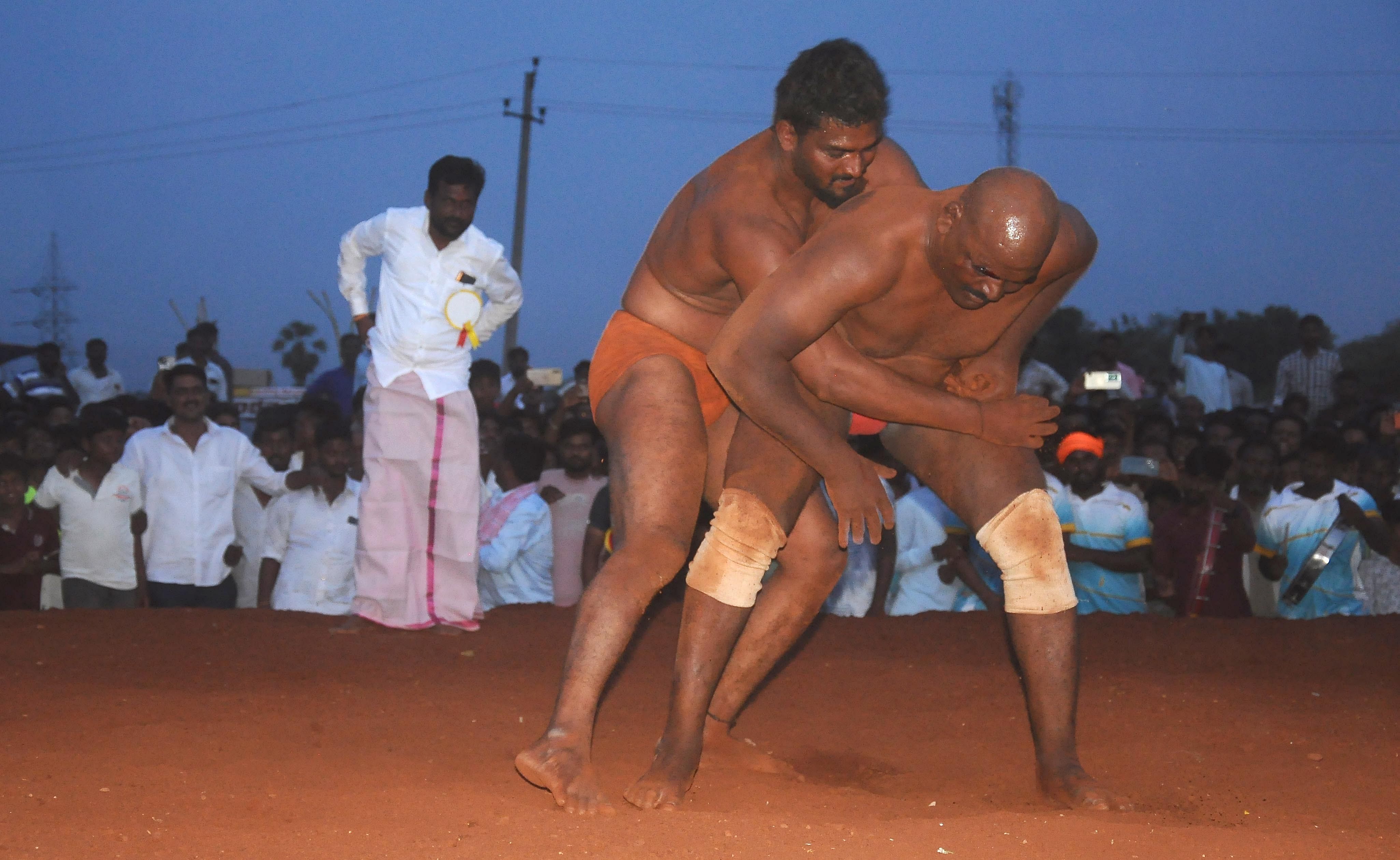 ಹಗರಿಬೊಮ್ಮನಹಳ್ಳಿ ತಾಲ್ಲೂಕಿನ ಲೋಕಪ್ಪನಹೊಲ ಗ್ರಾಮದಲ್ಲಿ ನಡೆದ ಕುಸ್ತಿಪಂದ್ಯಾವಳಿಯಲ್ಲಿ ದಾವಣಗೆರೆಯ ಗಿರೀಶ್–ಕಲಬುರಗಿಯ ಸಿದ್ದಪ್ಪ ಪರಸ್ಪರ ಸೆಣಸಾಡಿದರು