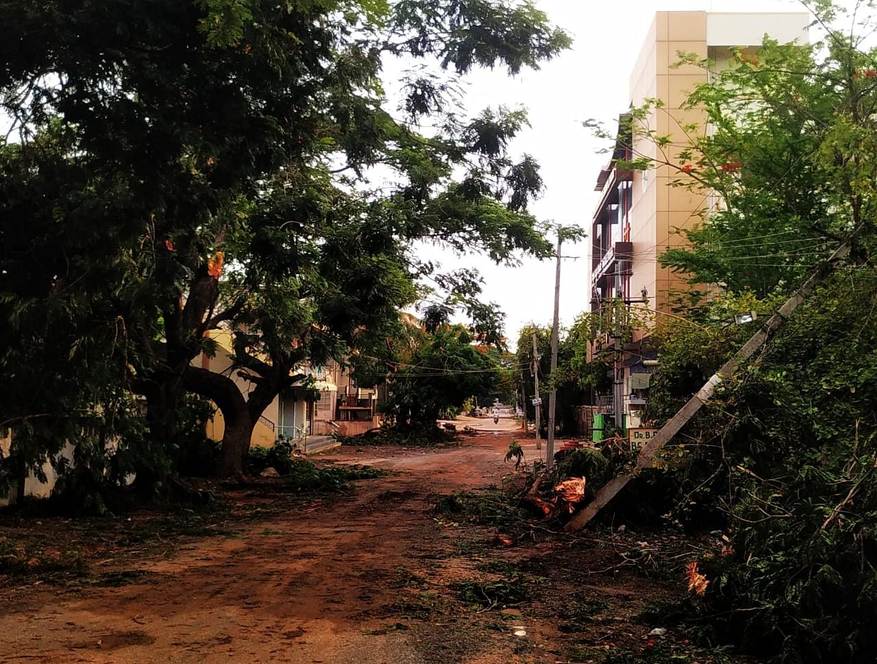 ಲಿಂಗಸುಗೂರು ಪಟ್ಟಣದ ಉಪ ವಿಭಾಗಾಧಿಕಾರಿ ಕಚೇರಿ ರಸ್ತೆಯಲ್ಲಿ ಬಿರುಗಾಳಿಗೆ ವಿದ್ಯುತ್‌ ಕಂಬ ಬಿದ್ದಿರುವುದು