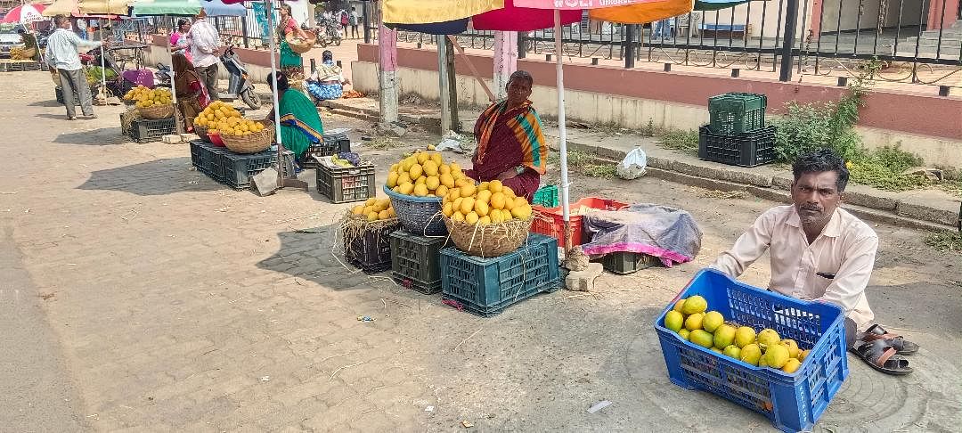 ಹಳಿಯಾಳದ ಸಾರಿಗೆ ನಿಲ್ದಾಣದ ಹತ್ತಿರ ಮಾವಿನ ಹಣ್ಣುಗಳನ್ನು ಮಾರಾಟ ಮಾಡುವವರು ಗ್ರಾಹಕರಿಗಾಗಿ ಕಾಯುತ್ತಾ ಕುಳಿತಿರುವುದು