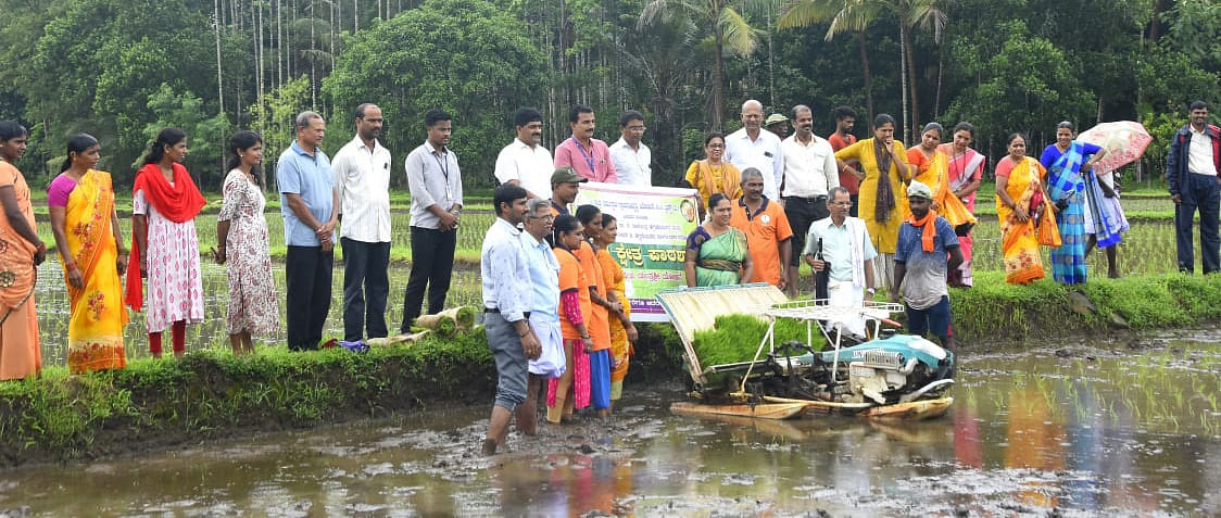 ಕೂಡ್ಲಿ ಶ್ರೀನಿವಾಸ ಉಡುಪರ ಮನೆಯಲ್ಲಿ ಯಂತ್ರಶ್ರೀ ಯೋಜನೆ ಬಗ್ಗೆ ತರಬೇತಿ, ನಾಟಿಯ ಪ್ರಾತ್ಯಕ್ಷಿಕೆ ನಡೆಯಿತು