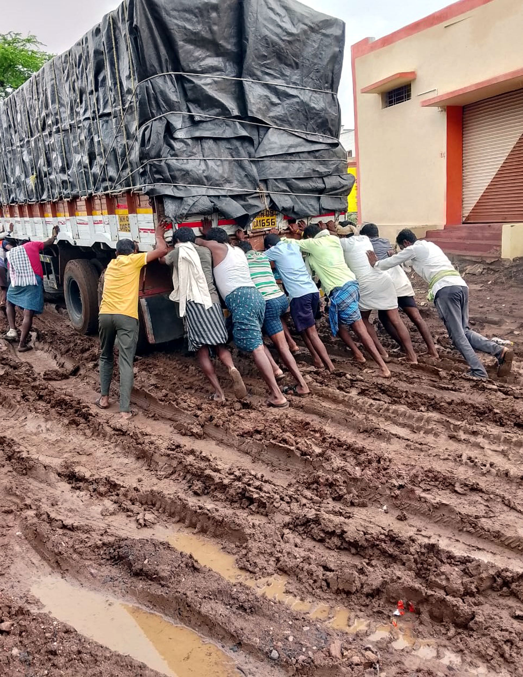 ಮುದ್ದೇಬಿಹಾಳದ ಎಪಿಎಂಸಿಯಲ್ಲಿ ಲಾರಿಯೊಂದು ಮಣ್ಣಿನಡಿ ಸಿಕ್ಕಿಕೊಂಡ ಹಿನ್ನೆಲೆಯಲ್ಲಿ ಕೂಲಿ ಕಾರ್ಮಿಕರು ತಳ್ಳಿ ಹೊರ ತೆಗೆಯಲು ಹರಸಾಹಪಟ್ಟರು