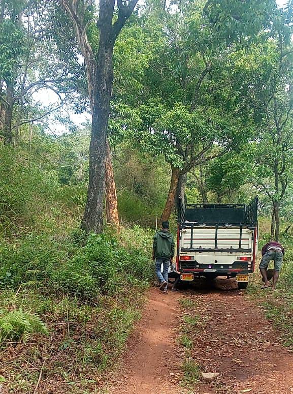 ಹನೂರು ತಾಲೂಕಿನ ಗೊಂಬೆಗಲ್ಲು ಹಾಡಿಗೆ ಪಡಿತರ ಸಾಗಿಸುವ ವಾಹನ ಅರ್ಧದಲ್ಲೇ ನಿಂತಿರುವುದು.