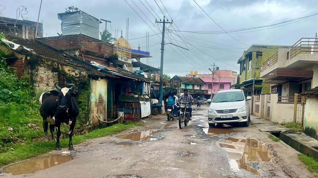 ಎಚ್.ಡಿ.ಕೋಟೆ ಪಟ್ಟಣದ ಶಿವಾಜಿ ರಸ್ತೆ ಗುಂಡಿ ಬಿದ್ದಿರುವುದು.