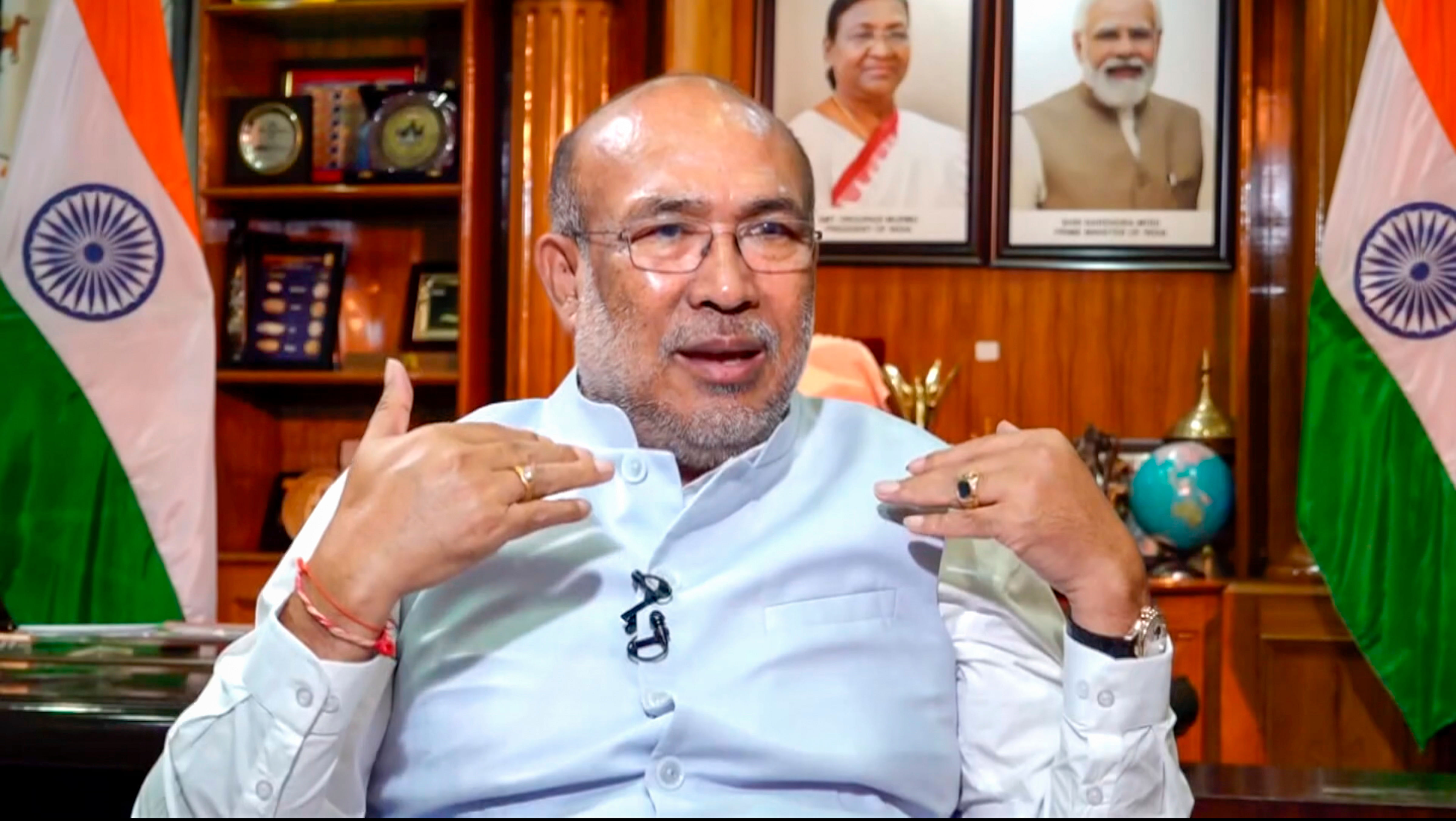 **EDS, VIDEOGRAB FROM PTI VIDEO** Imphal: Manipur Chief Minister N. Biren Singh during an interview with PTI, in Imphal, Thursday, Aug 29, 2024. (PTI Photo) (PTI08_30_2024_000019B)