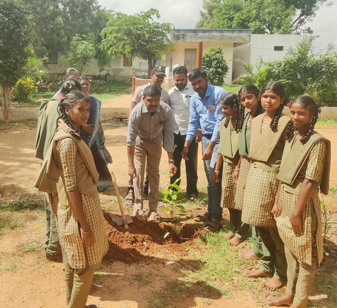 ಶಾಲಾ ಶಿಕ್ಷಕರು, ವಿದ್ಯಾರ್ಥಿನಿಯರು ಗಿಡಗಳನ್ನು ಪೋಷಣೆ ಮಾಡುತ್ತಿರುವುದು