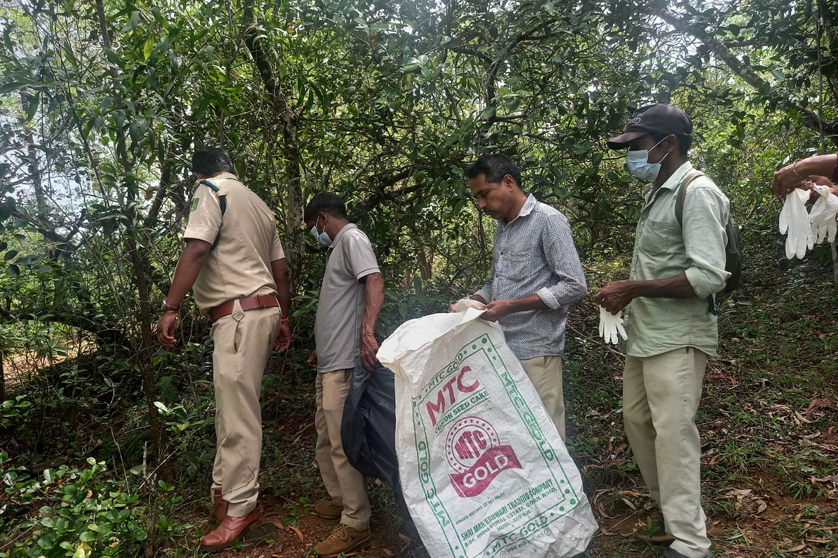 ಕಾಡು ಹಂದಿಯ ಕಳೆಬರವನ್ನು ಅರಣ್ಯ ಇಲಾಖೆಯ ಸಿಬ್ಬಂದಿ ಮರಣೋತ್ತರ ಪರೀಕ್ಷೆಗೆ ಕೊಂಡೊಯ್ದರು