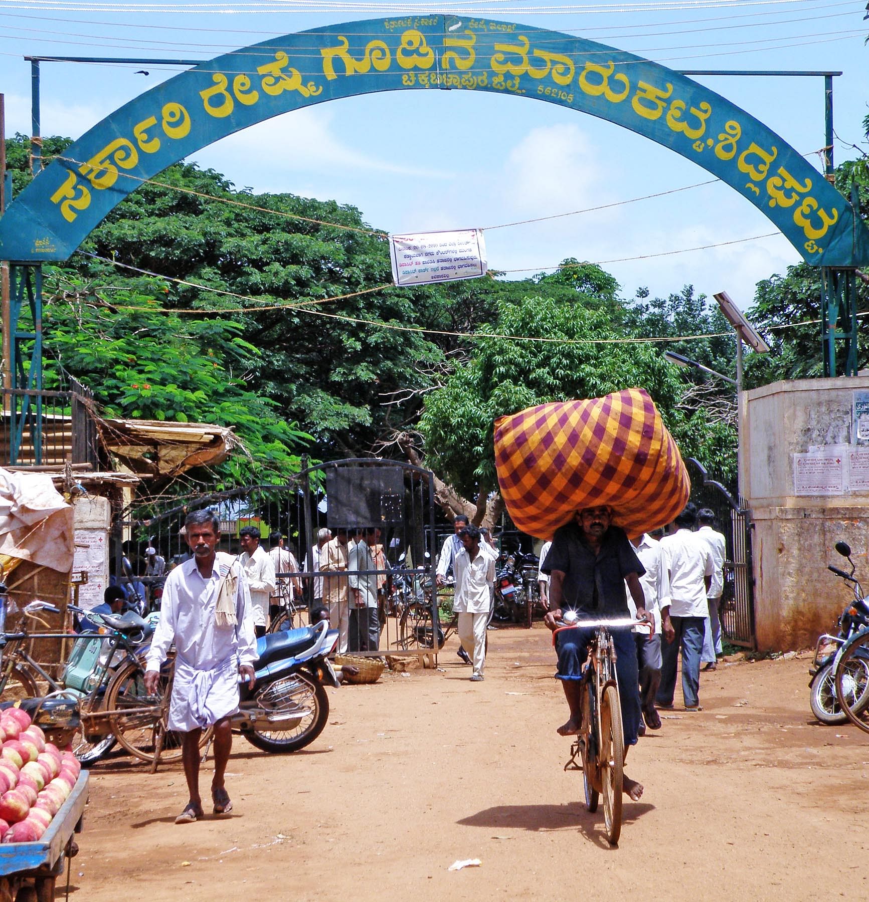 ರೇಷ್ಮೆ ಗೂಡಿನ ಮೂಟೆಯನ್ನು ಸಮತೋಲನದಿಂದ ಕಾಯ್ದುಕೊಂಡು ಸಾಗುತ್ತಿರುವ ಕಾರ್ಮಿಕ