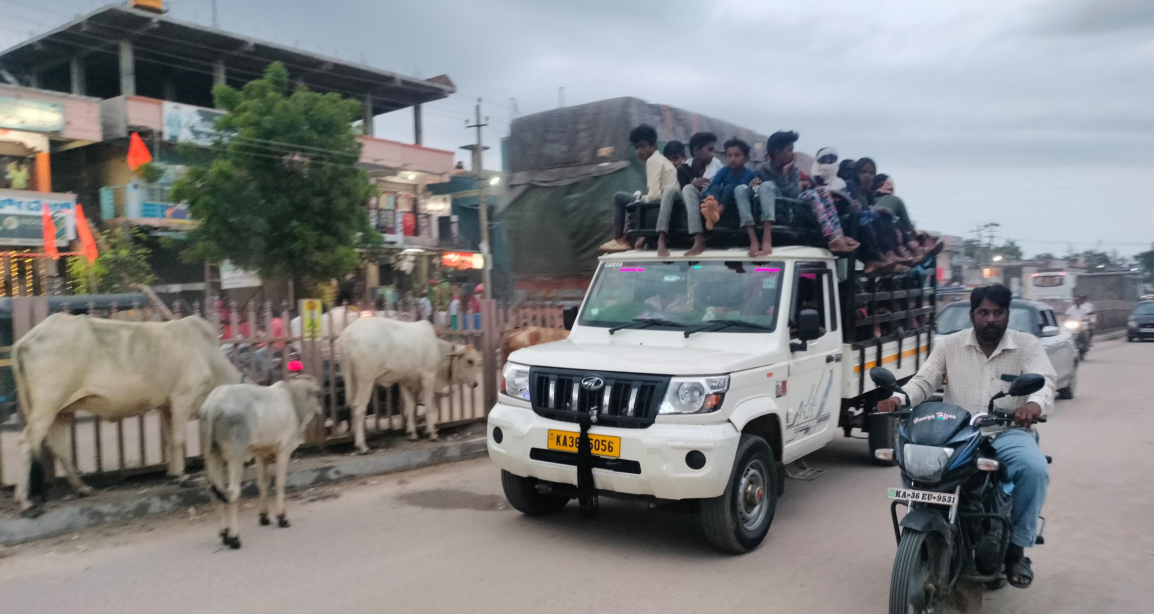 ದೇವದುರ್ಗದಲ್ಲಿ ಮುಖ್ಯ ರಸ್ತೆ ಮೇಲೆಯೇ ಬಿಡಾಡಿ ದನಗಳು ನಿಂತುಕೊಂಡಿದ್ದು, ವಾಹನವೊಂದು ಮಿತಿಮೀರಿ ಪ್ರಯಾಣಿಕರನ್ನು ತುಂಬಿಕೊಂಡು ಸಾಗುತ್ತಿರುವುದು