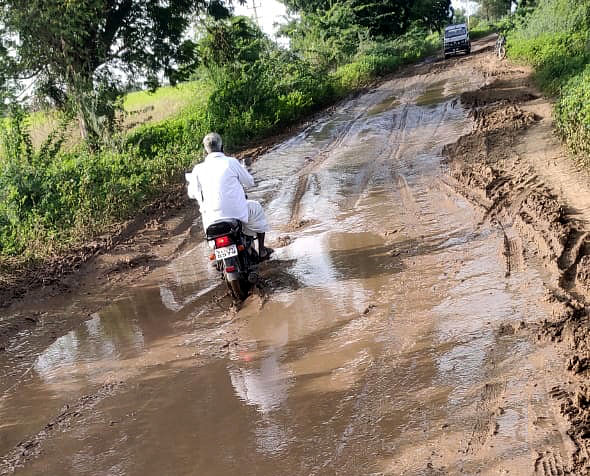 ಚಿತ್ತಾಪುರದಿಂದ ತೆಂಗಳಿ ಕ್ರಾಸ್ ಮಾರ್ಗದ ರಾಜ್ಯ ಹೆದ್ದಾರಿ–126 ರಸ್ತೆಯು ಚಿತ್ತಾಪುರ–ಕಾಳಗಿ ತಾಲ್ಲೂಕು ಗಡಿ ಸಮೀಪ ಕೆಸರು ಗದ್ದೆಯಂತೆ ಆಗಿರುವುದು