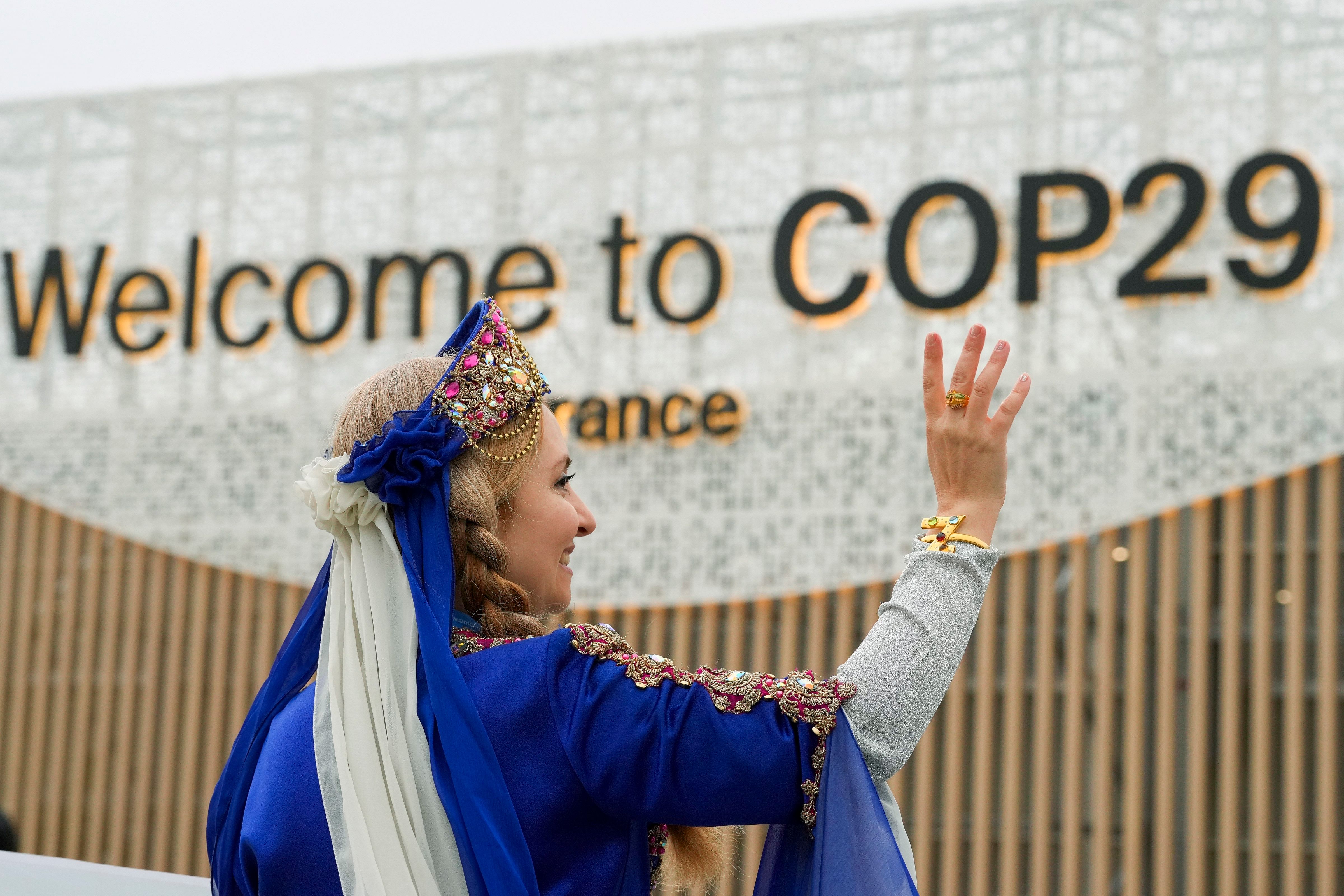 A women demonstrates with a sign on veganism at the COP29 U.N. Climate Summit, Tuesday, Nov. 12, 2024, in Baku, Azerbaijan. AP/PTI(AP11_12_2024_000043A)