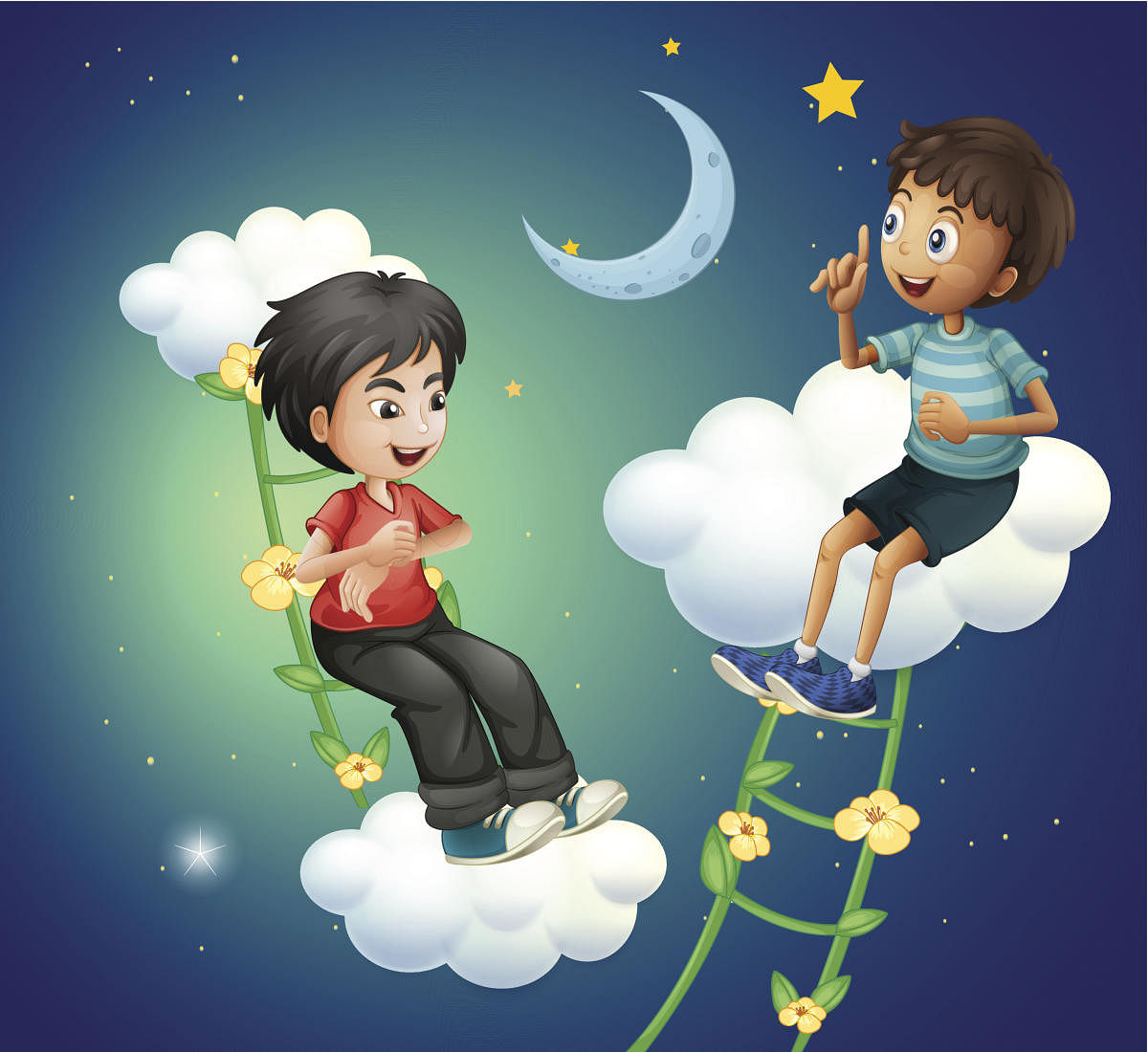 Two boys talking near the moon