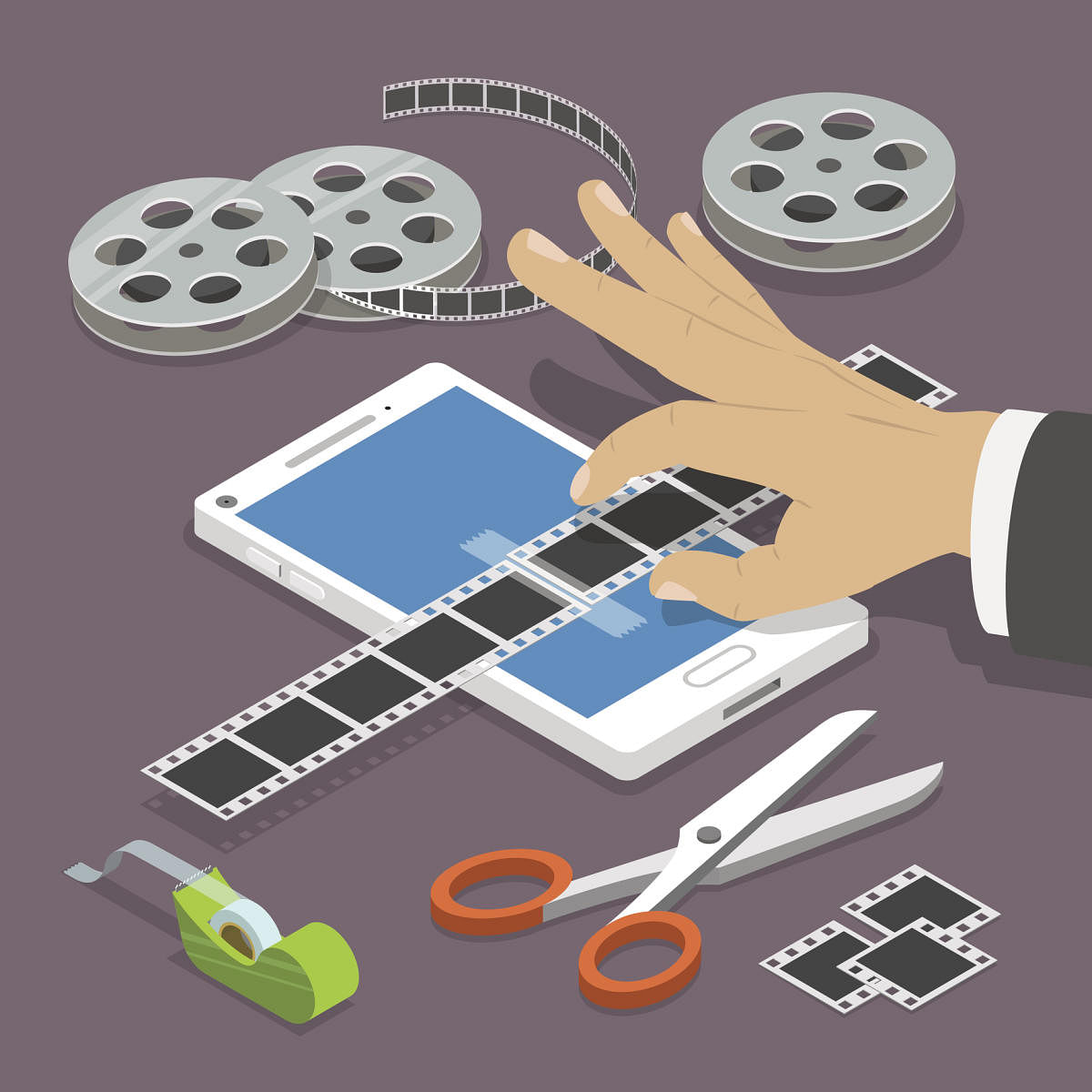 Mobile video editor flat vector isometric concept. Man's hand scotch-tapes a film tape on the smartphone surrounded by some equipment.ಡಬ್‌