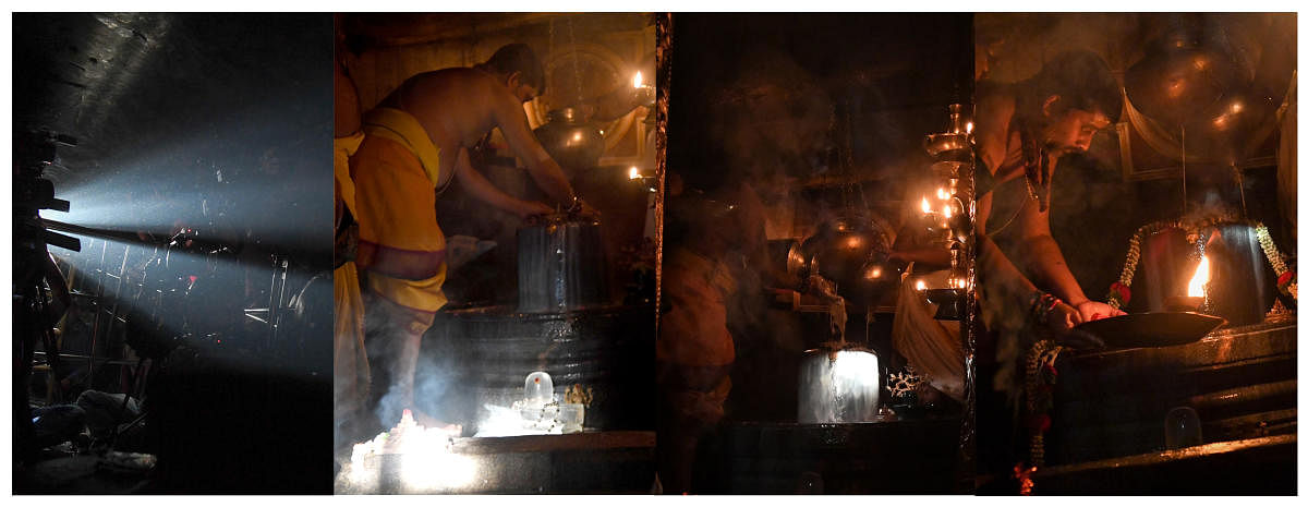 ಗವಿಗಂಗಾಧರೇಶ್ವರ ದೇವಸ್ಥಾನದ ಕಿಟಕಿ ಮೂಲಕ ಪ್ರವೇಶಿಸಿದ ಸೂರ್ಯಕಿರಣ, ಶಿವಲಿಂಗದ ಮೇಲೆ ಬಿದ್ದ ಬೆಳಕು ಹಾಗೂ ಮಂಗಳಾರತಿಯ ನೋಟ - –ಪ್ರಜಾವಾಣಿ ಚಿತ್ರ