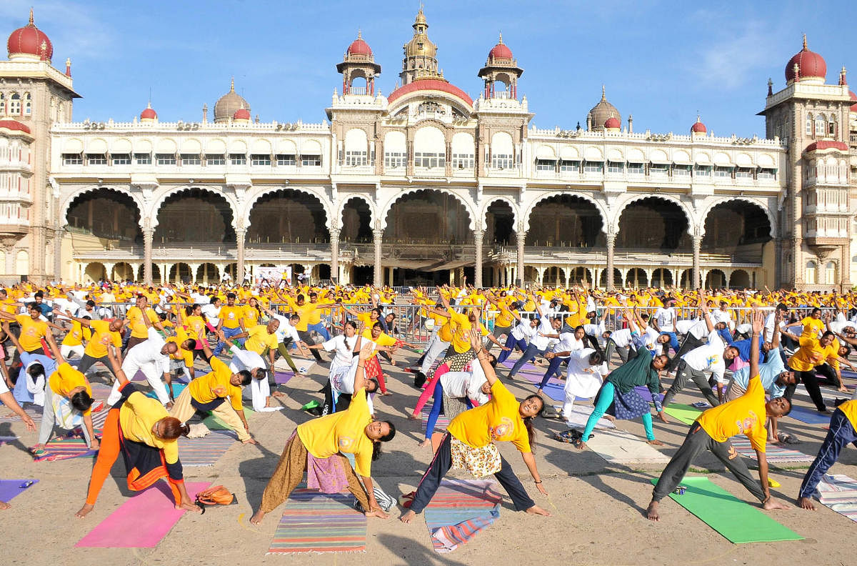 ಮೈಸೂರು ಅರಮನೆಯ ಆವರಣದಲ್ಲಿ ಭಾನುವಾರ ಅಂತರರಾಷ್ಟ್ರೀಯ ಯೋಗ ದಿನಾಚರಣೆಗಾಗಿ ನಡೆದ ತಾಲೀಮಿನಲ್ಲಿ ಹೆಚ್ಚಿನ ಸಂಖ್ಯೆಯಲ್ಲಿ ಯೋಗಪಟುಗಳು ಬಂದು ಯೋಗ ಪ್ರದರ್ಶಿಸಿದರು