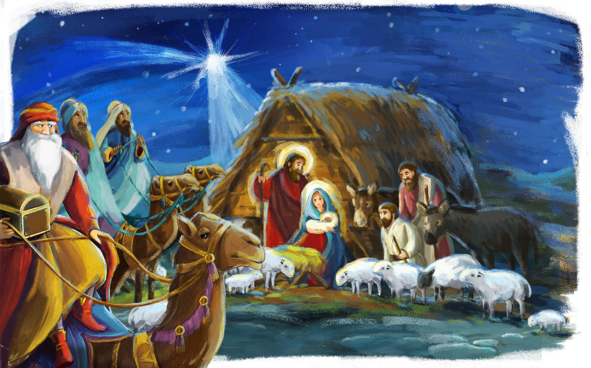traditional christmas scene with holy family and three kings for different usage - illustration for childrenTraditional christmas scene with holy family and three kings for different usage