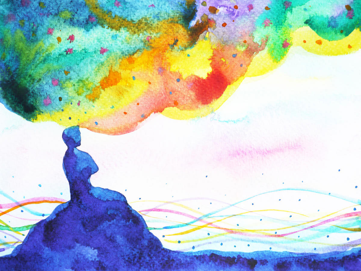 power of thinking, abstract imagination, world, universe inside your mind, watercolor paintingPower of thinking, abstract imagination, world, universe inside your mind, watercolor painting