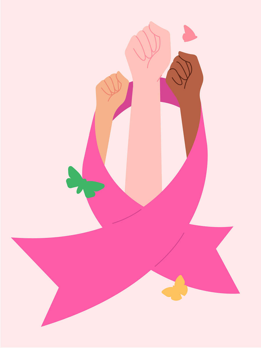 Illustration different skins hands up together against breast cancer. Breast cancer ribbon – symbol of fight, butterflies aroundIllustration hands up against breast cancer