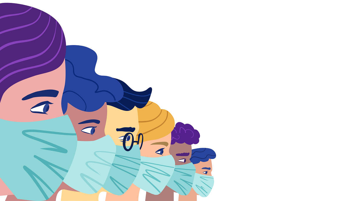 A group of people wearing a protective medical mask to prevent coronavirus. Vector concept of coronavirus quarantine.Vector concept of coronavirus quarantine