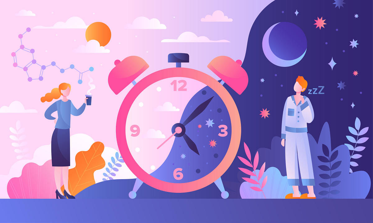 Circadian rhythm concept with tiny characters. Day and night cycle scheme. Daily human body inner regulation schedule. Natural sleep and wake biological process. Abstract cartoon vector illustrationCircadian rhythm concept with tiny characters
