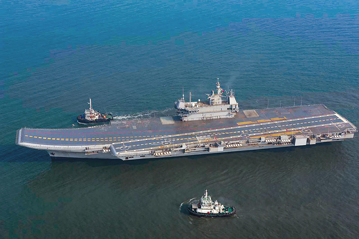 **EDS: IMAGE PROVIDED BY NAVY PRO ON SUNDAY, JAN. 9, 2022.** Kochi: India's first indigenous aircraft carrier (IAC) Vikrant heads out for the next set of sea trials. The ship successfully completed the maiden sea trial in August, 2021 and the second sea trial later in October-November, 2021. (PTI Photo)(PTI01_09_2022_000197B)