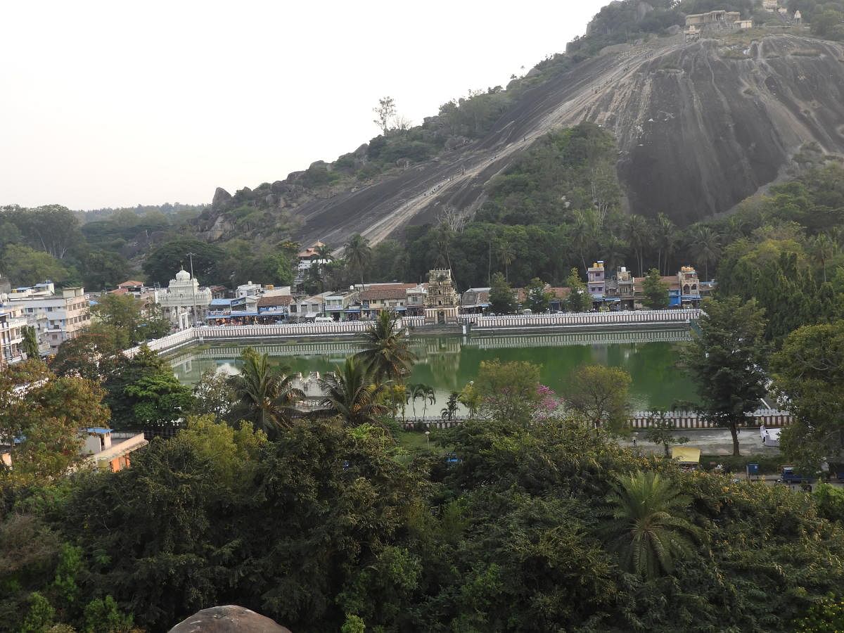 ಶ್ರವಣಬೆಳಗೊಳದ ಎರಡೂ ಬೆಟ್ಟಗಳ ನಡುವಿನ ಚಿಕ್ಕದೇವರಾಜ ಒಡೆಯರ್‌ ಕಲ್ಯಾಣಿಯ ವಿಹಂಗಮ ನೋಟ. 