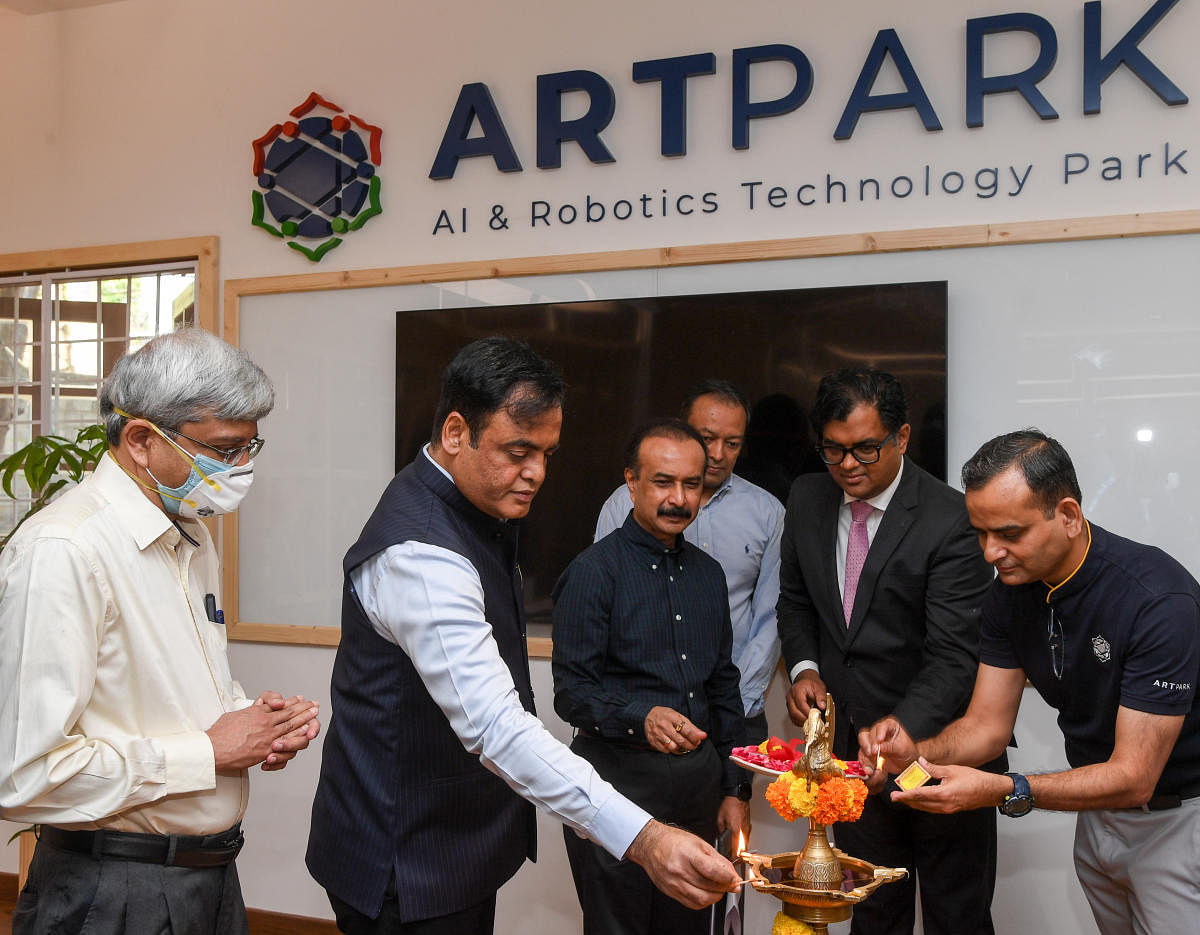 IT/BT Minister Ashwath Narayan inaugurate the Artificial Intelligence &amp; Robotics Technology Park (ARTPARK) facility, with Prof Rangarajan, Director, IISc (Left) Prashanth Prakash (Accel), Umakant Soni, CEO, ARTPARK and others, at the IISc campus, in Bengaluru on Monday. DH Photo/ B H Shivakumar