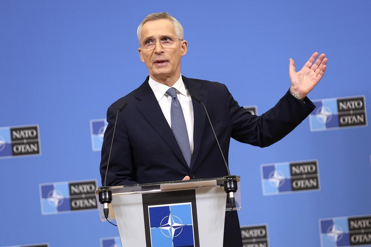 NATO Secretary General Jens Stoltenberg speaks during a media conference, ahead of a meeting of NATO foreign ministers, at NATO headquarters in Brussels, Monday, April 3, 2023. AP/PTI(AP04_03_2023_000165A)